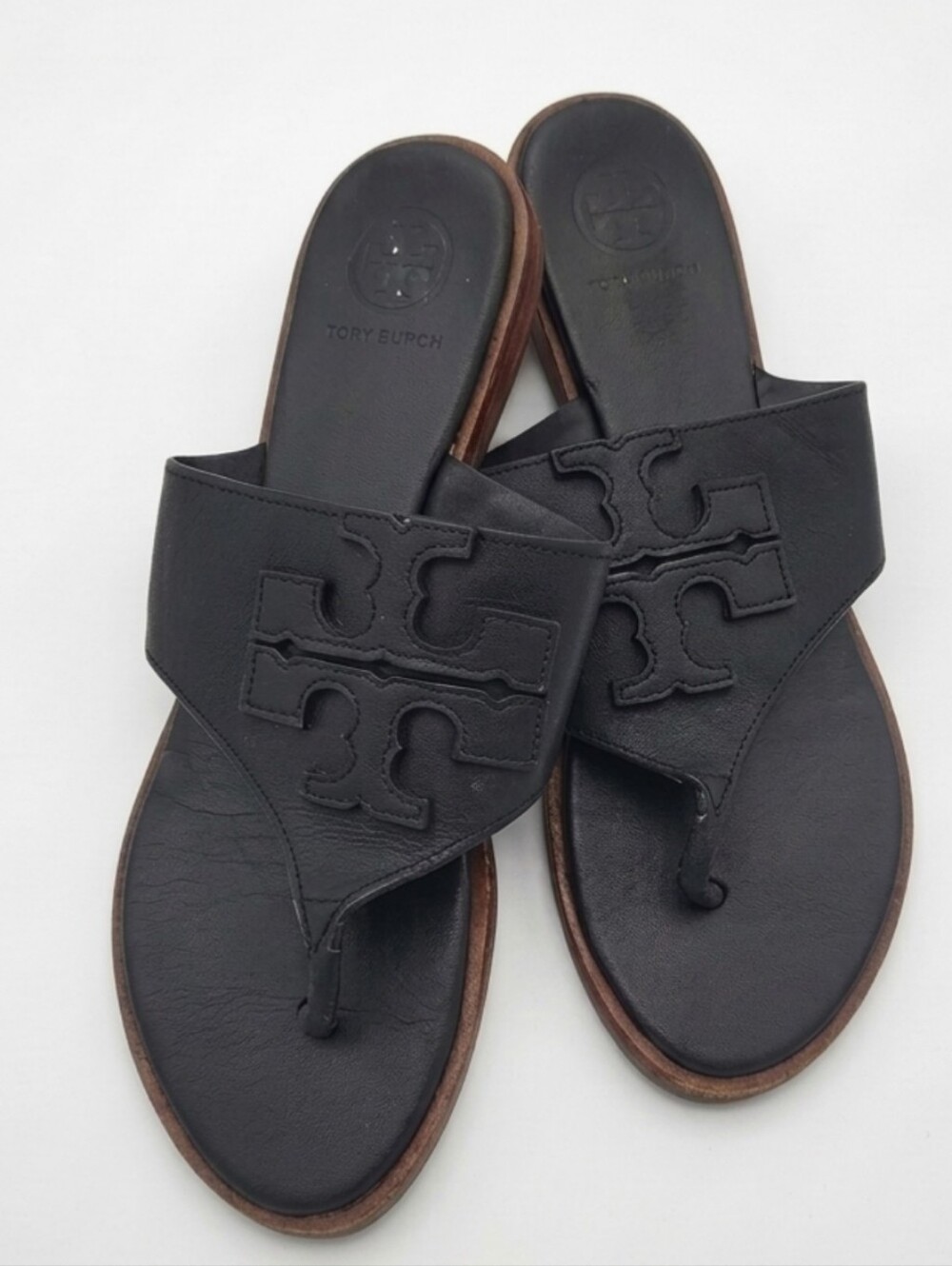 Tory Burch Weston Black Logo Thong Sandals size 7 Leather